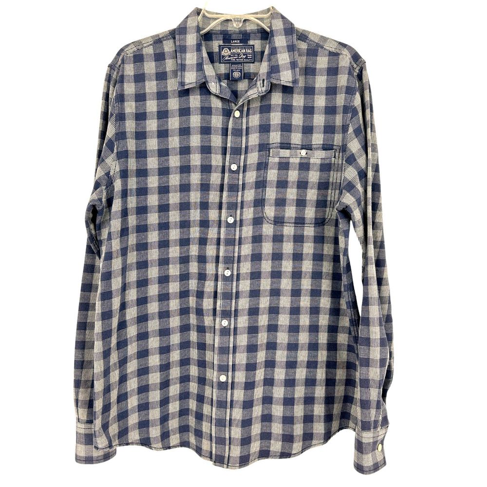 American Rag Shirt Men Size L Blue Plaid Long Sleeve Button Down
